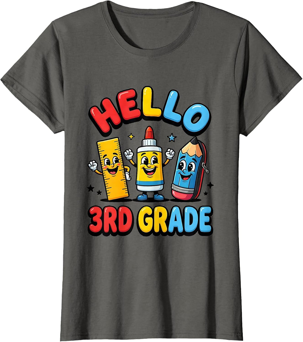 Women's Hello, 3rd Grade Cute School Supplies Teacher Student First T-Shirt - Asphalt Grey