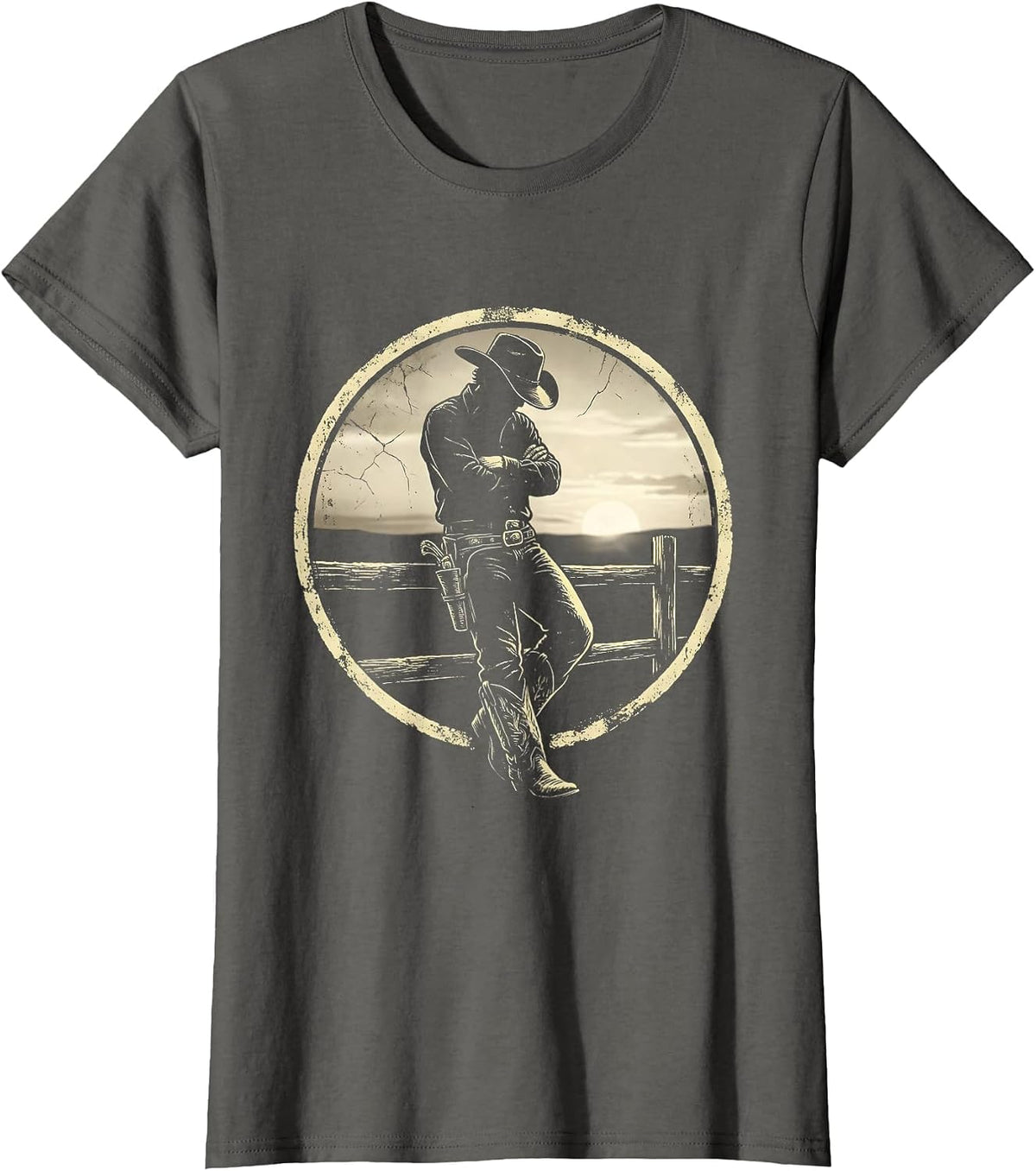 Women's Cowboy at Dusk Leaning on Fence Illustration T-Shirt - Asphalt Grey