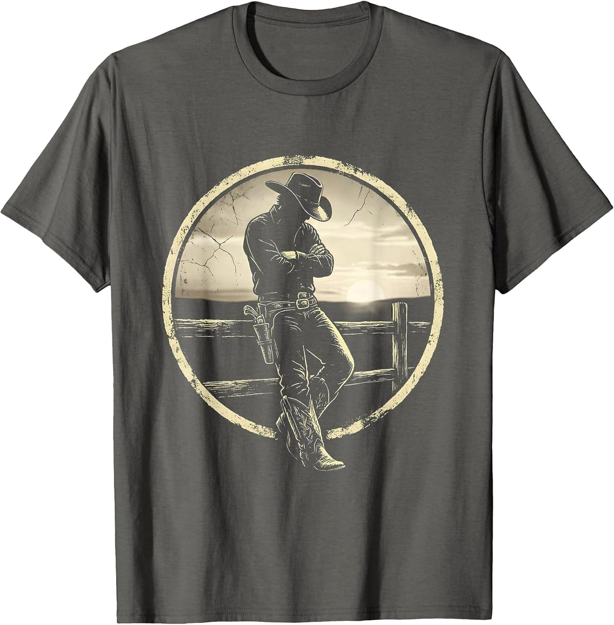 Men's Cowboy at Dusk Leaning on Fence Illustration T-Shirt - Asphalt Grey
