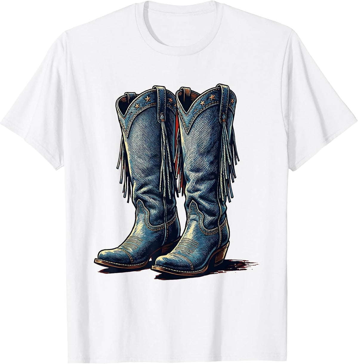 Men's Denim Cowgirl Boots with Fringe Illustration T-Shirt - White