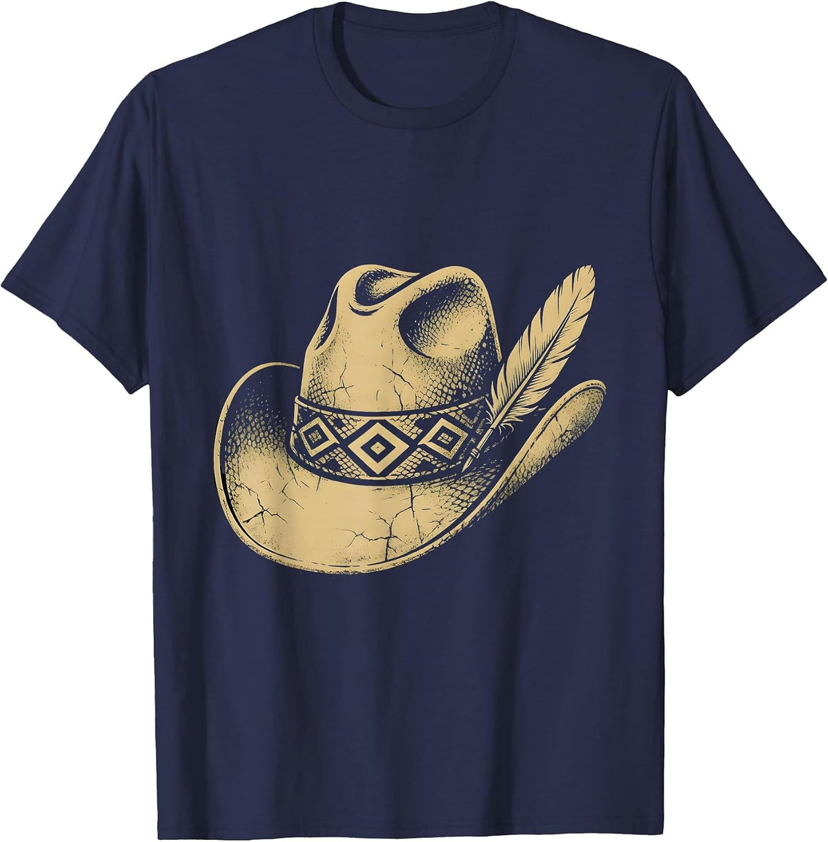 Men's Cowboy Hat Feather Snakeskin Band Western Design T-Shirt - Navy Blue