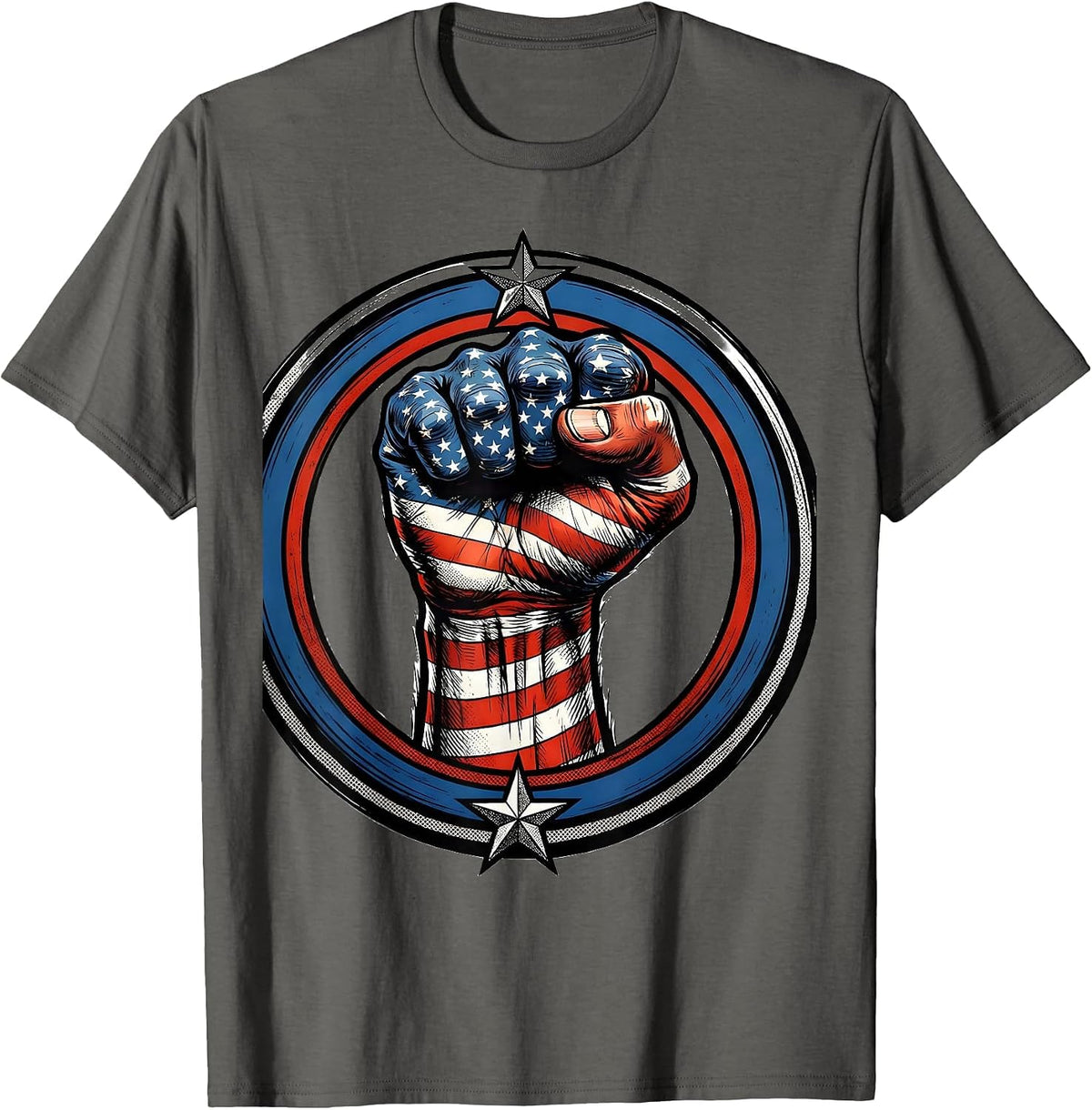 American Flag Raised Fist Patriotic Graphic T-Shirt - Asphalt Grey