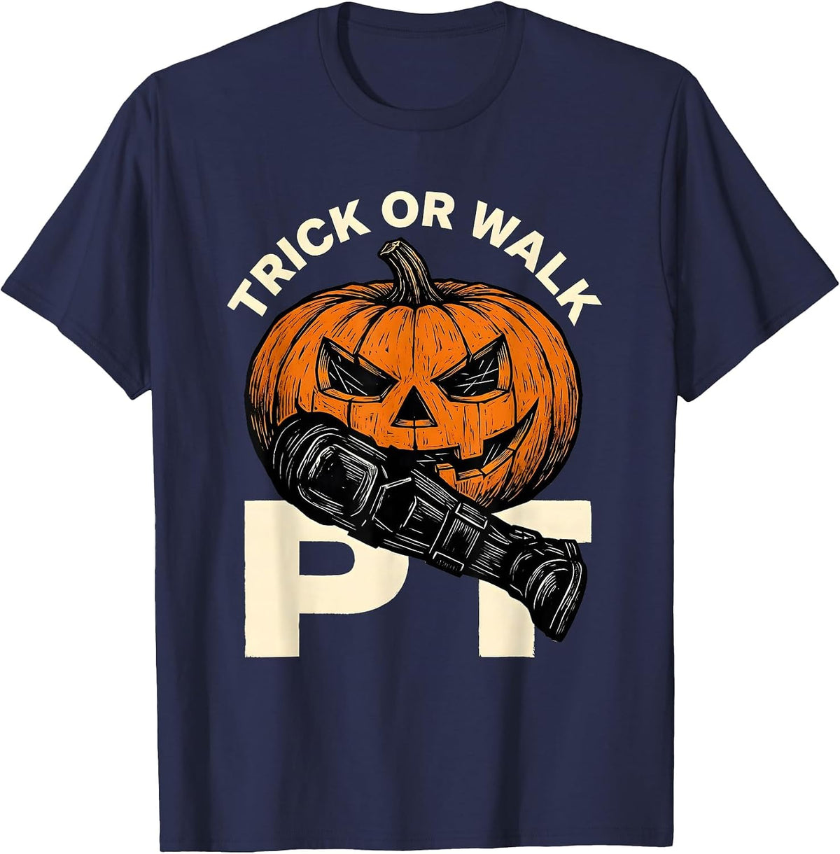 Trick Or Walk PT Linocut Physical Therapy Halloween Trick T-Shirt - Navy Blue