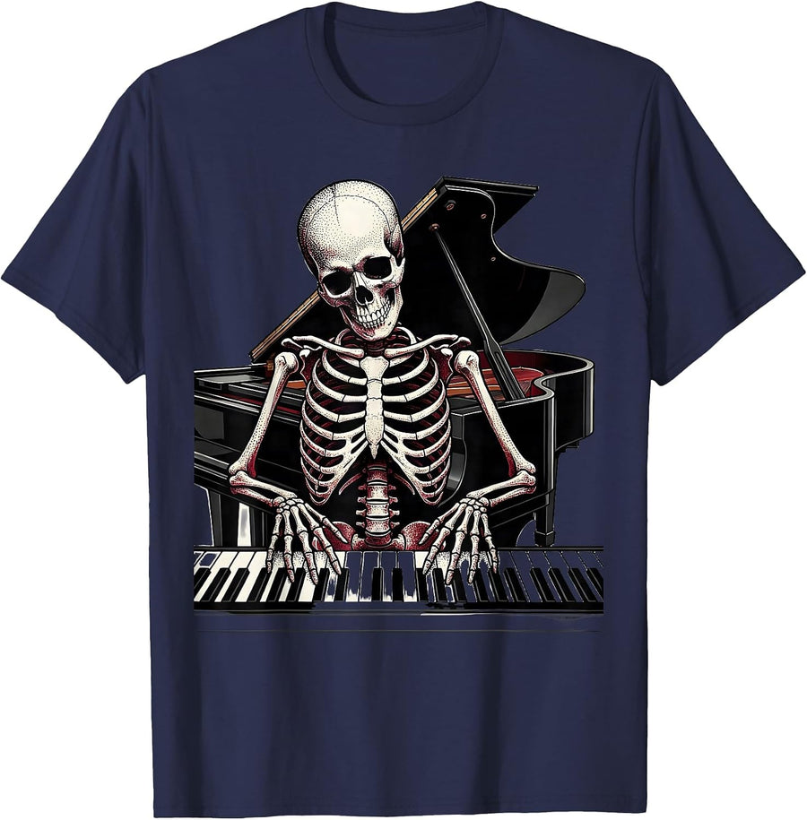 Skeleton Pianist Grand Piano Illustration T-Shirt - Navy Blue