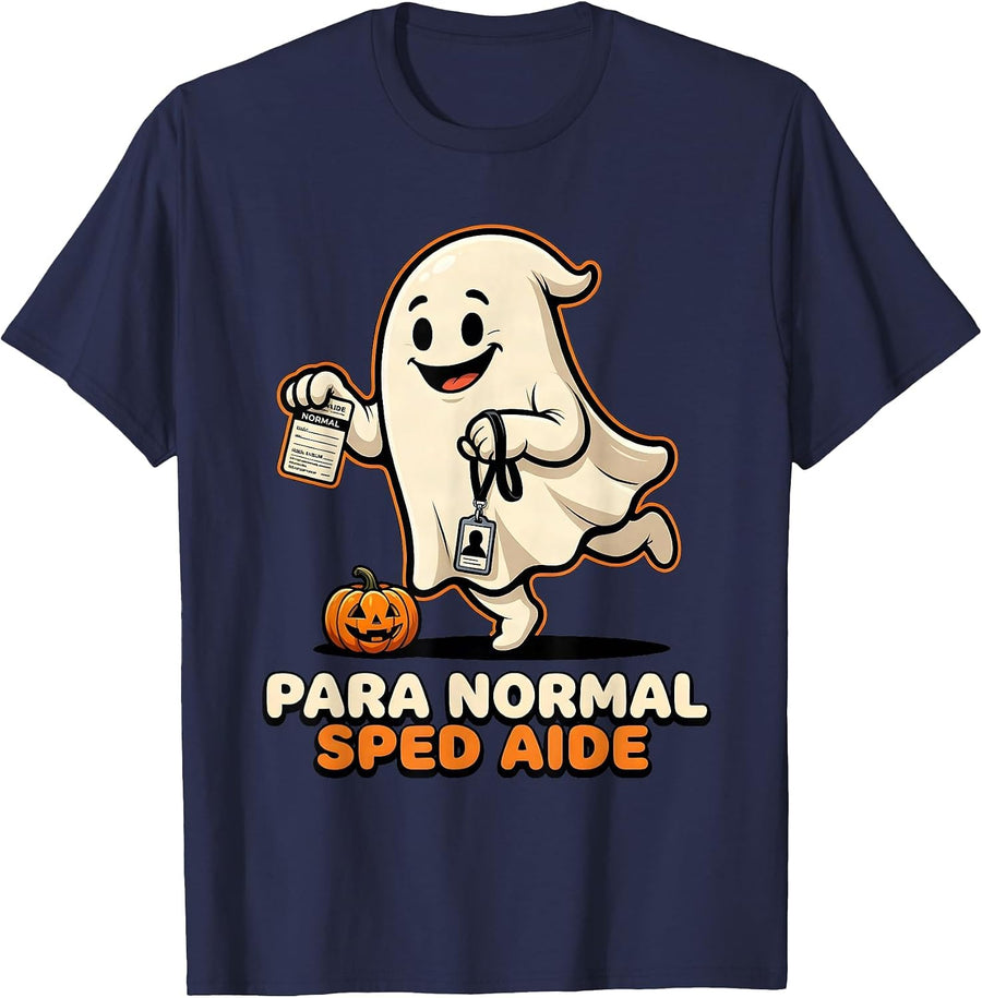 Para Normal SPED Aide Ghost Cartoon Halloween Para Aide T-Shirt - Navy Blue