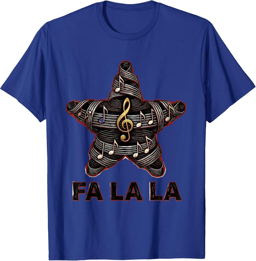 Fa La La Linocut Musical Note Christmas Star Music Teacher T-Shirt - Royal Blue