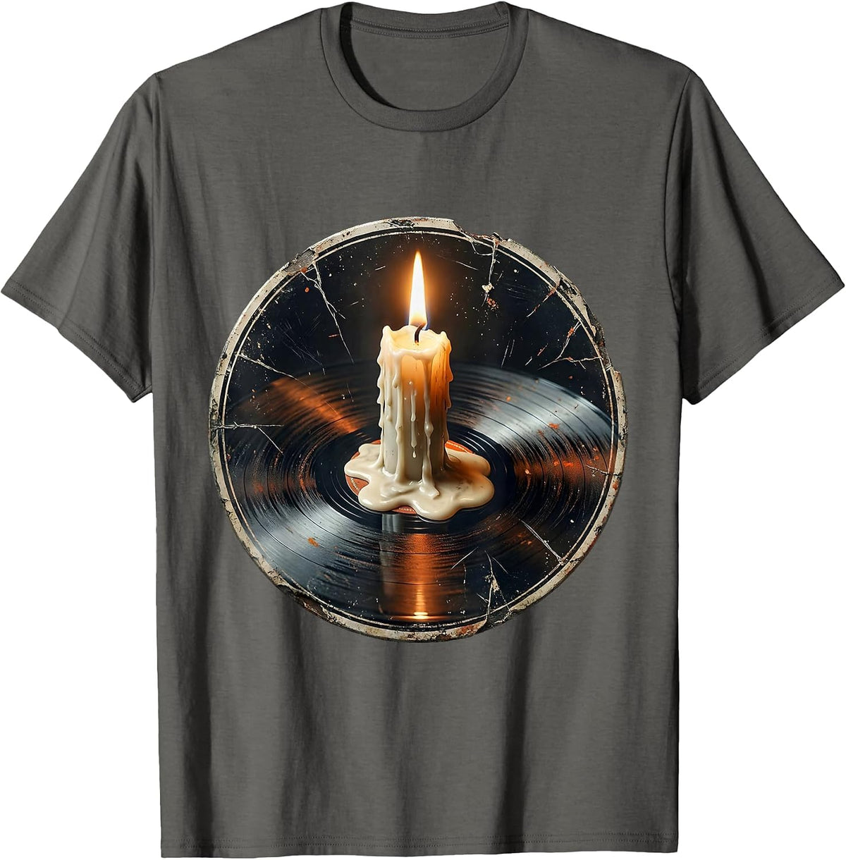 Melting Candle Vinyl Record Rock Music Graphic T-Shirt - Asphalt Grey