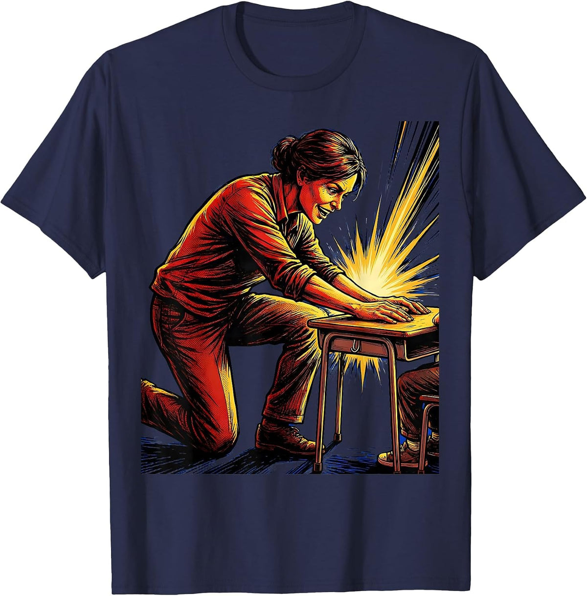 Men's SPED Teacher Kneeling at Student Desk Illustration T-Shirt - Navy Blue