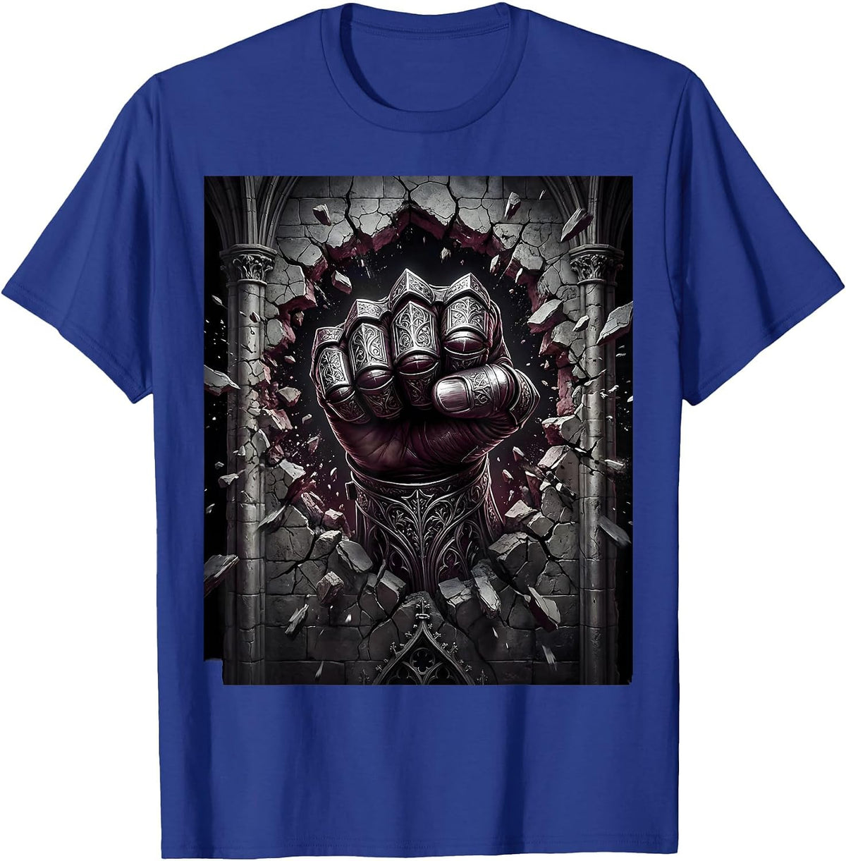 Rock Fist Bursting Through Brick Wall Graphic T-Shirt - Royal Blue