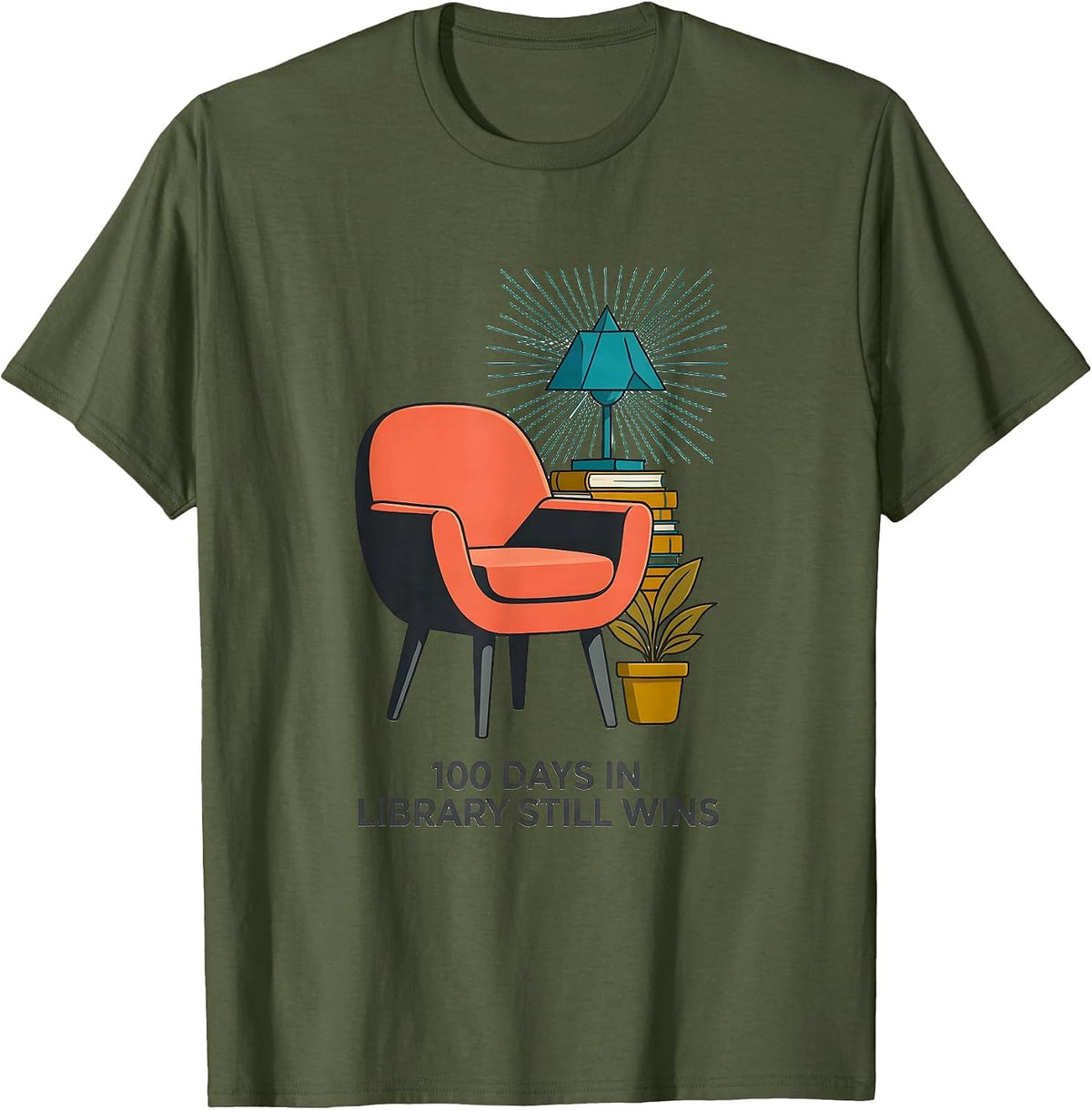 100 Days In Library Still Wins Midcentury Modern Teacher T-Shirt - Olive Green