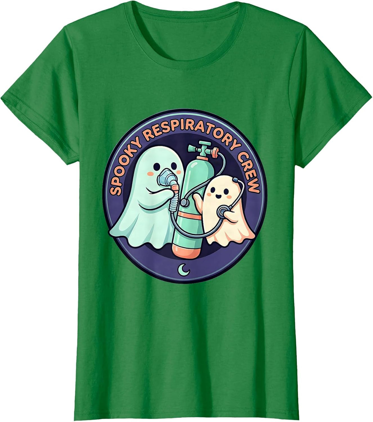 Women's Spooky Respiratory Crew Cute Ghost Halloween Occupational T-Shirt - Kelly Green