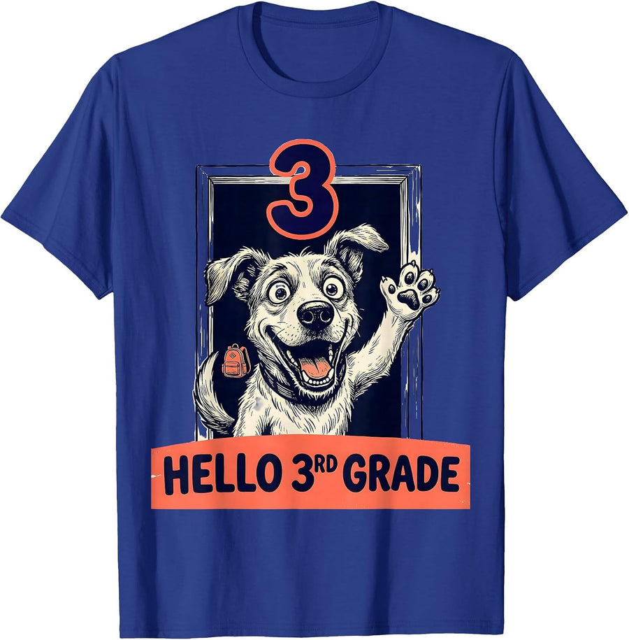 Hello 3rd Grade Cartoon Dog Back To School Teacher Kids T-Shirt - Royal Blue