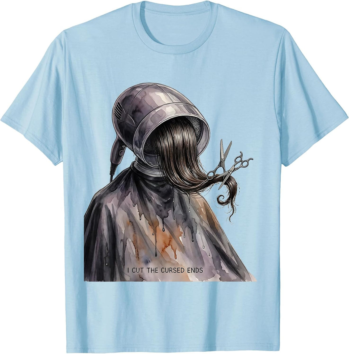 I Cut the Cursed Ends Watercolor Halloween Hairstylist T-Shirt - Baby Blue