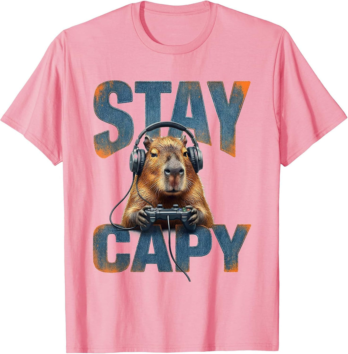 Men's Stay Capy Bold Grunge Capybara Gamer Meme Humor T-Shirt - Pink