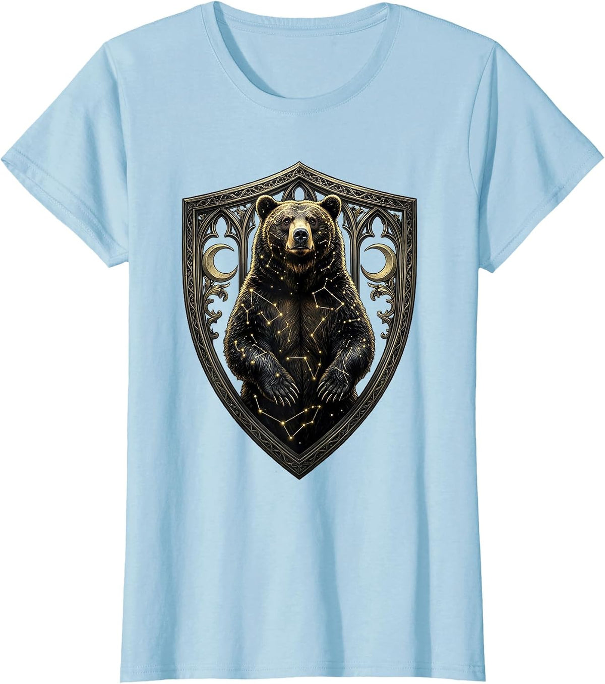 Black Bear Gold Constellation Celestial Art Design T-Shirt - Baby Blue