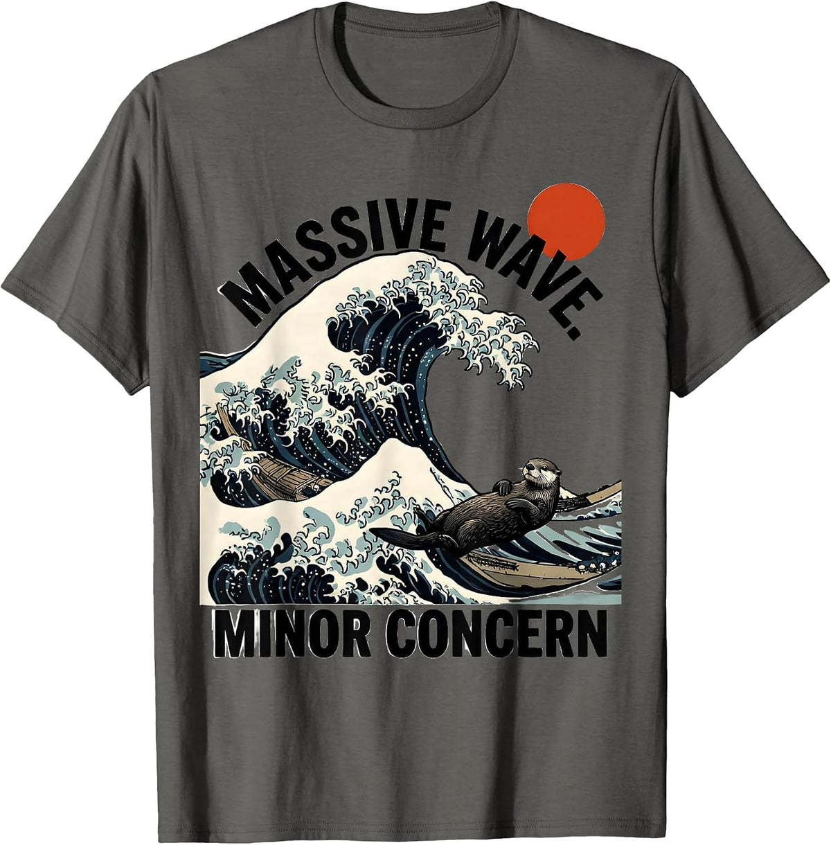 Men's Massive Wave Minor Concern Funny Sea Otter Japanese Art T-Shirt - Asphalt Grey