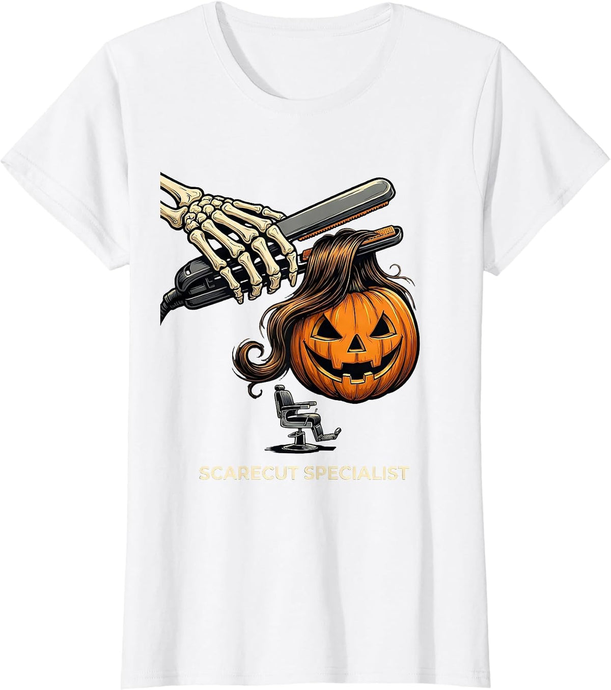 Women's Scarecut Specialist Funny Skeleton Hairstylist Halloween T-Shirt - White