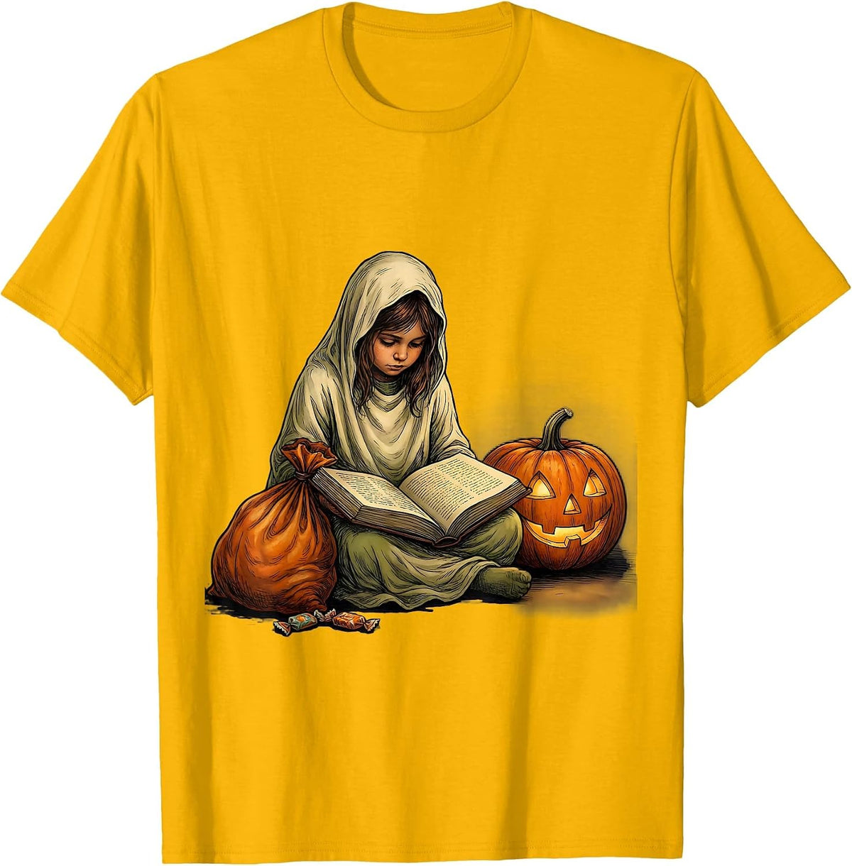 Bookworm Ghost Reading Halloween Teacher Librarian T-Shirt - Golden Yellow