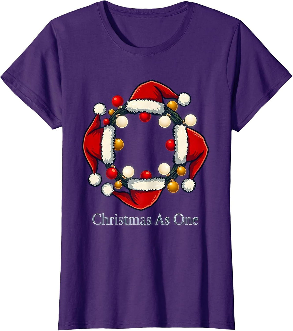 Women's Christmas As One Family Matching Santa Hat Holiday Pajama T-Shirt - Purple