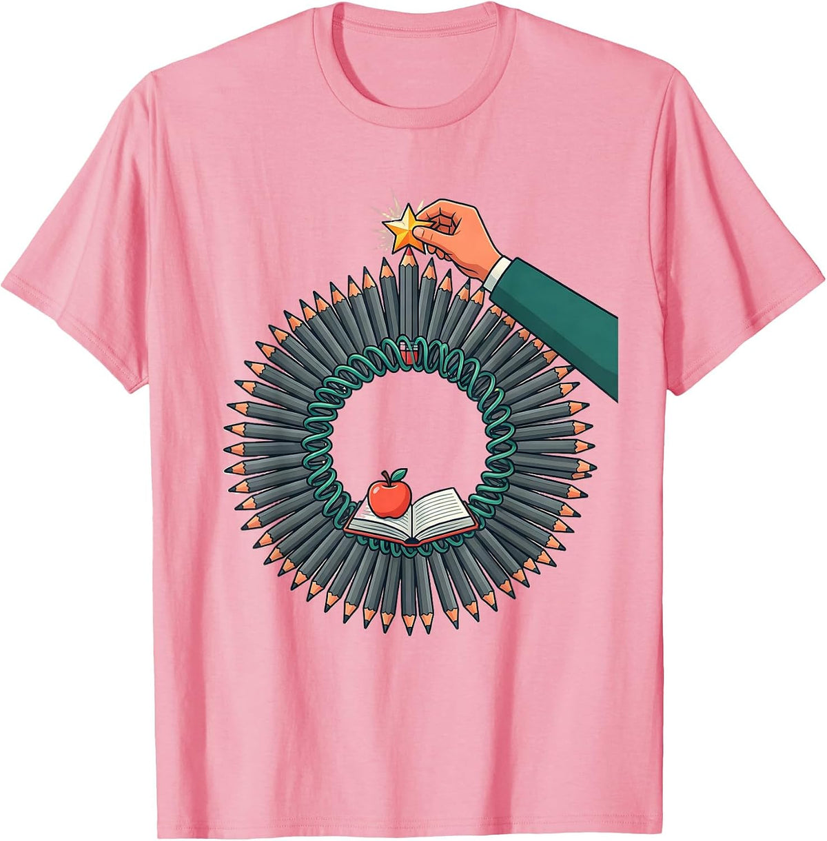 Men's Pencil Wreath Teacher Christmas Classroom Humor T-Shirt - Pink