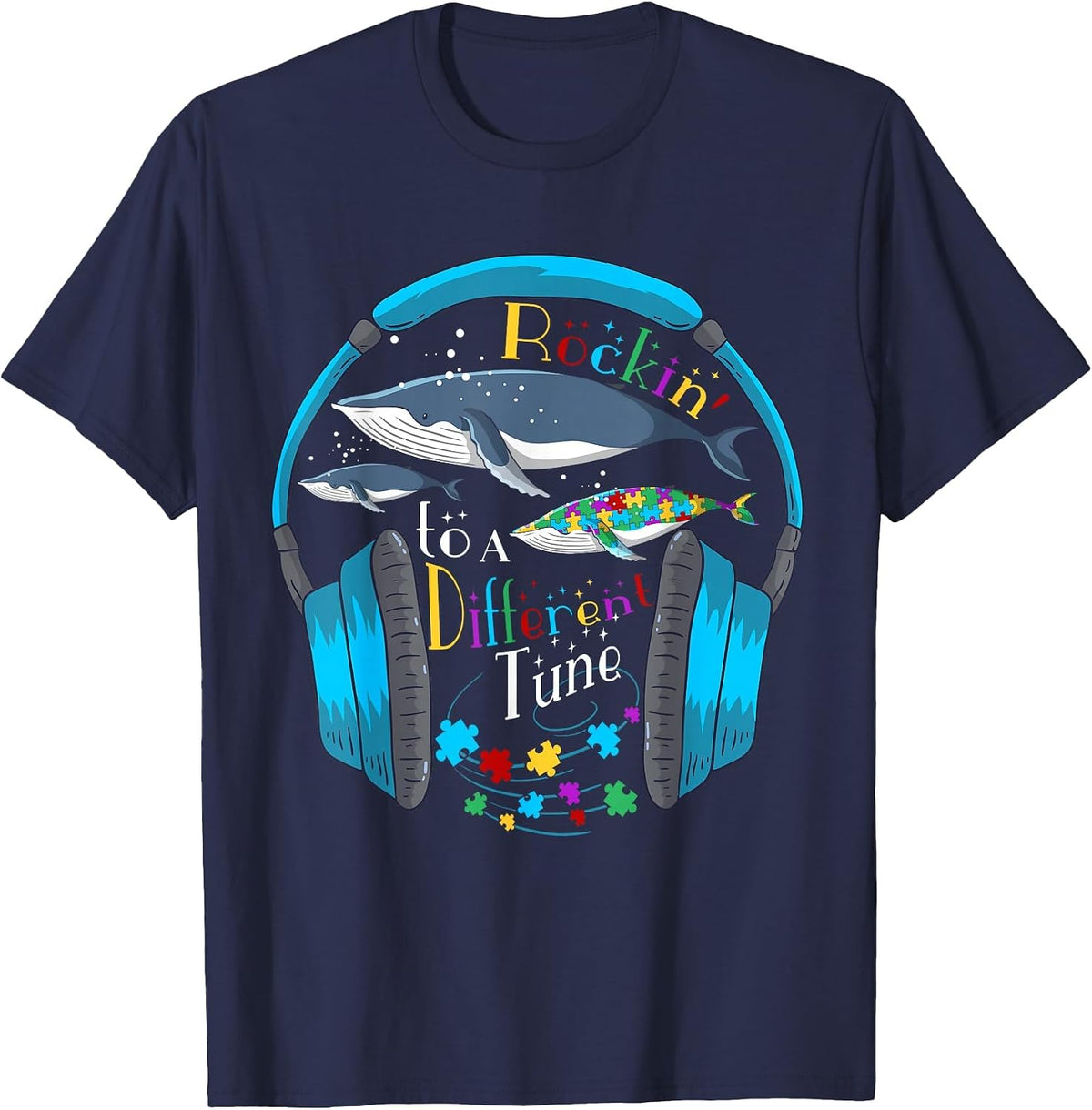 Autism Headset Whales Quote Awareness Month 2022 Autistic T-Shirt - Navy Blue