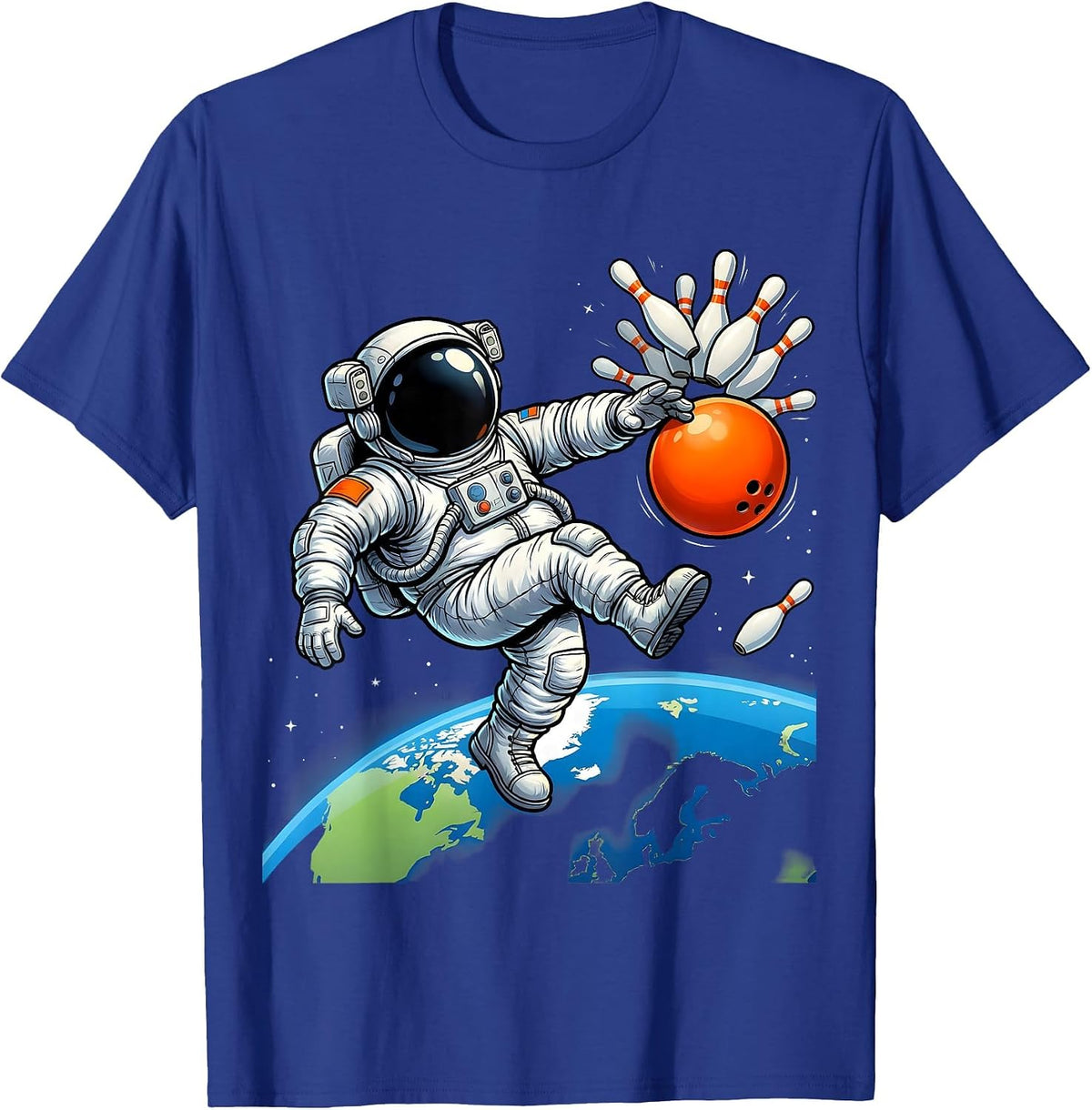 Men's Astronaut Bowling in Zero Gravity Space Design T-Shirt - Royal Blue