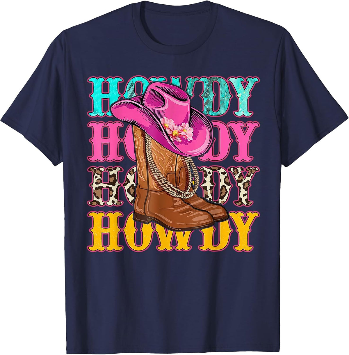 Howdy Southern Western Girls Country Rodeo Cowgirls Boots T-Shirt - Navy Blue