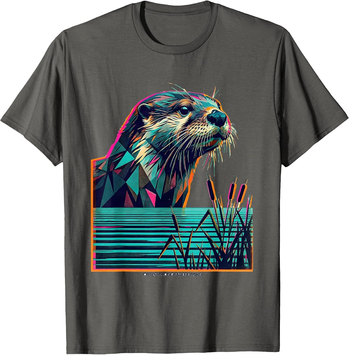 Otter Along Riverbanks Risograph Vintage Wildlife Nature T-Shirt - Asphalt Grey