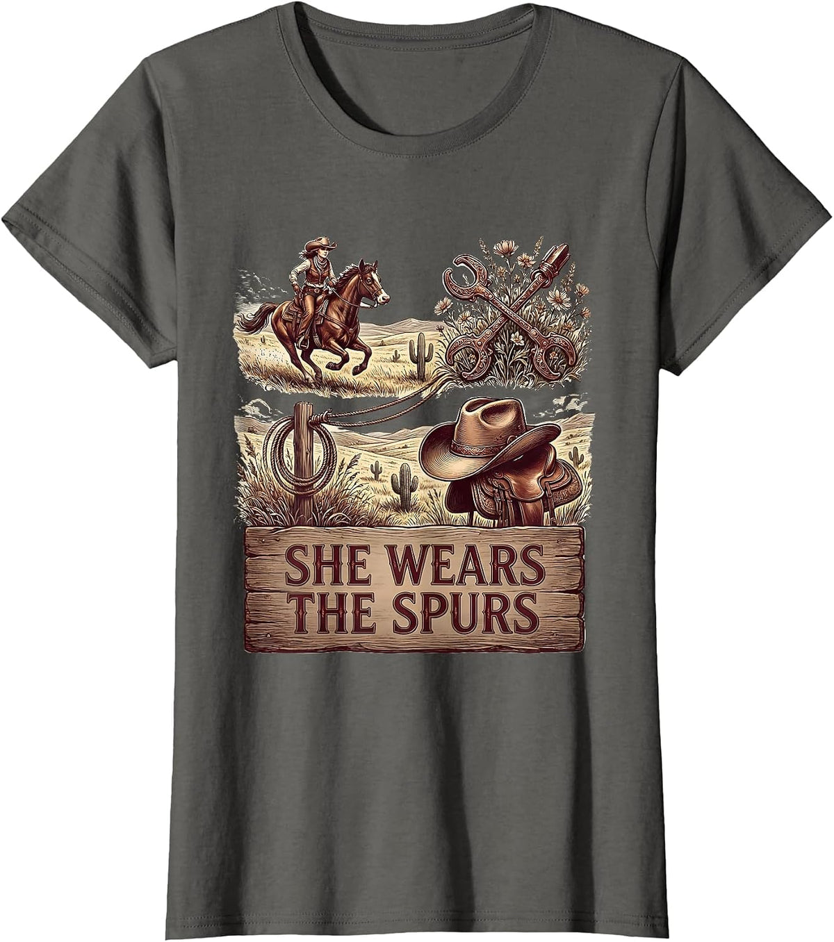 Women's She Wears The Spurs Cowgirl Graphic Design T-Shirt - Asphalt Grey