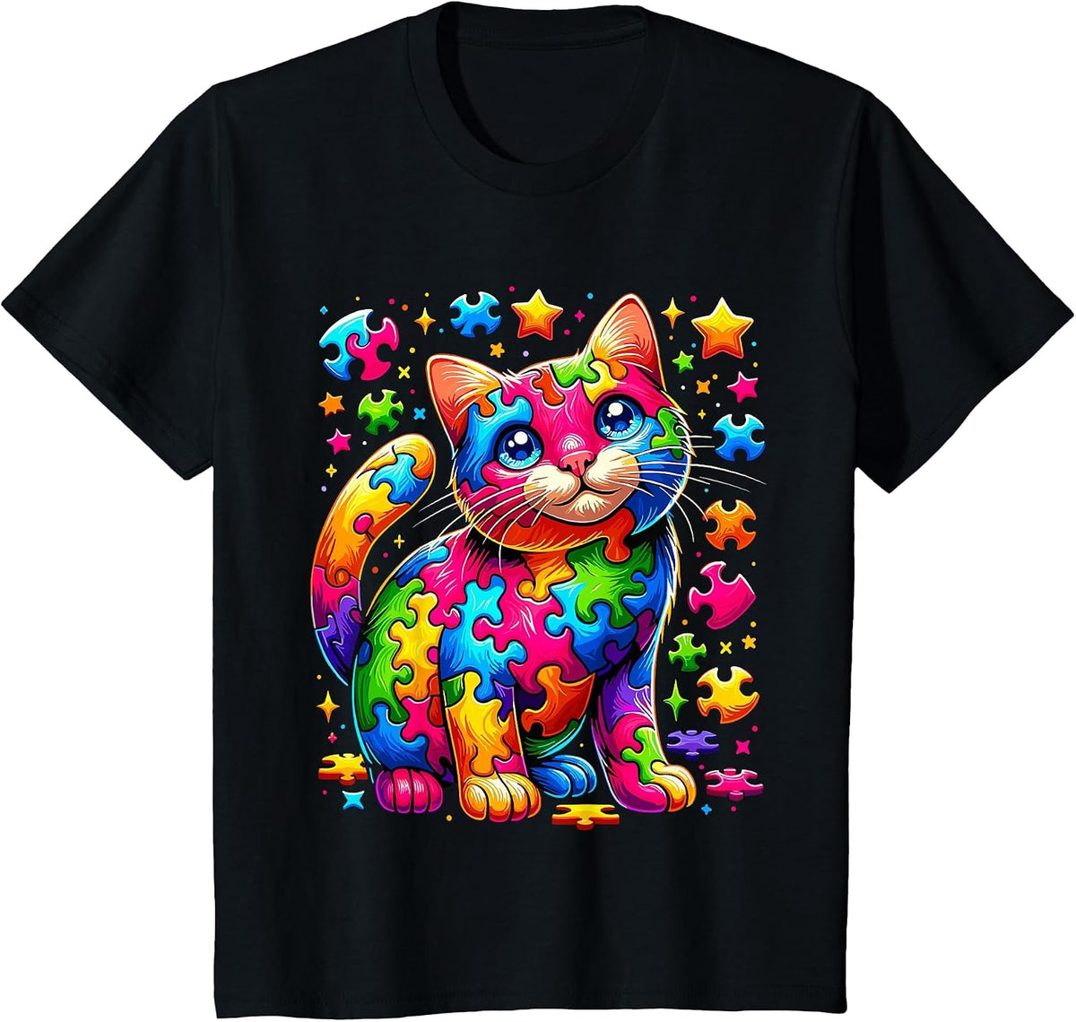 Autism Awareness Cat Puzzle T-Shirt - Black