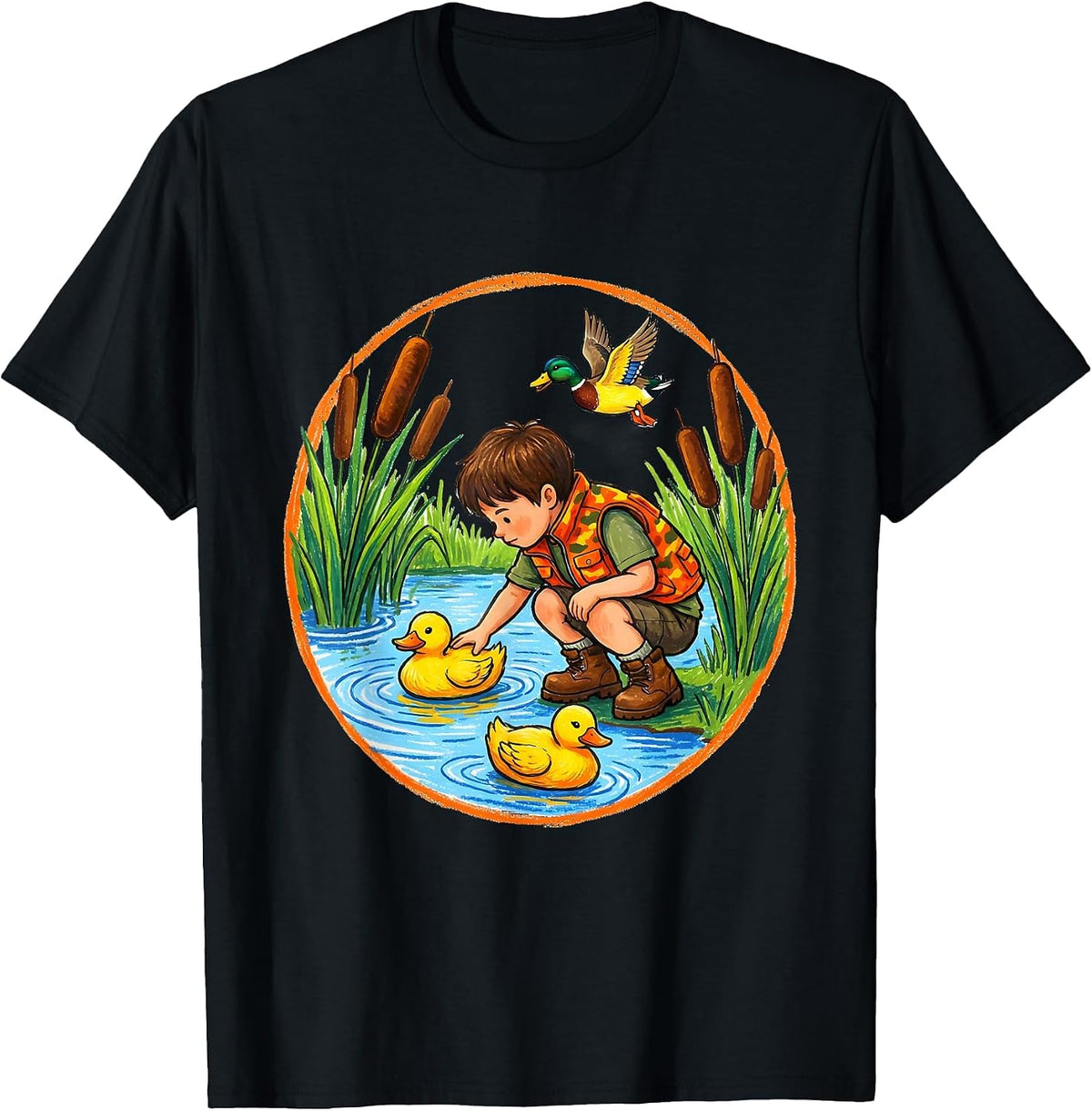 Men's Kids Duck Hunting Decoy Setup Illustration T-Shirt - Black