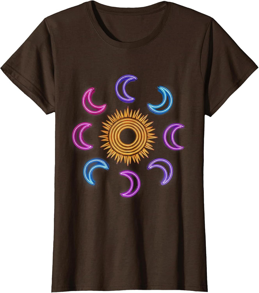 Women's Six Moons Orbiting a Seventh Sun Cosmic Art T-Shirt - Brown