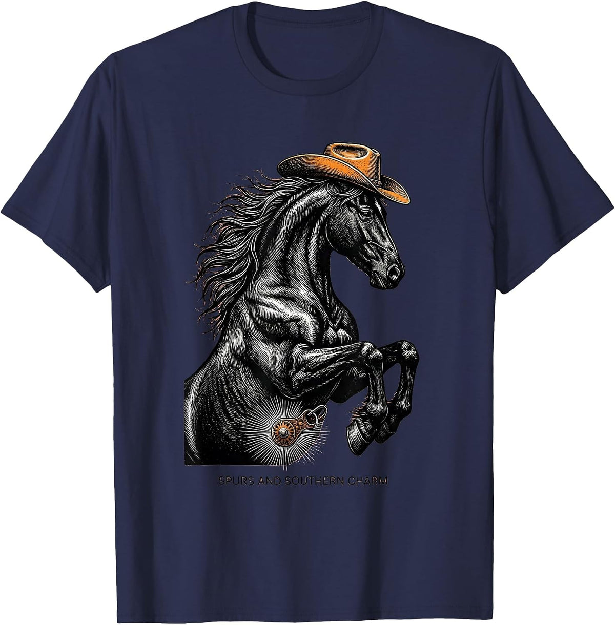 Spurs and Southern Charm Western Design T-Shirt - Navy Blue