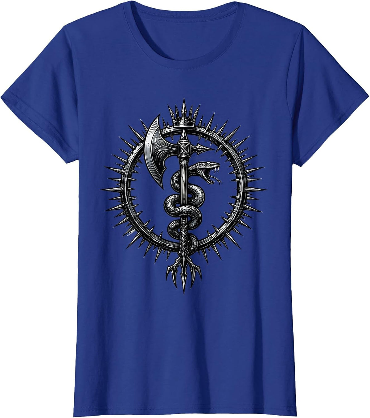 Women's Serpent and Battle Axe Metal Graphic Tee T-Shirt - Royal Blue