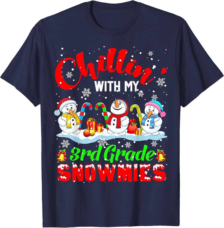 Chillin' with My 3rd Grade Snowmies Xmas Snowman Teacher T-Shirt - Navy Blue