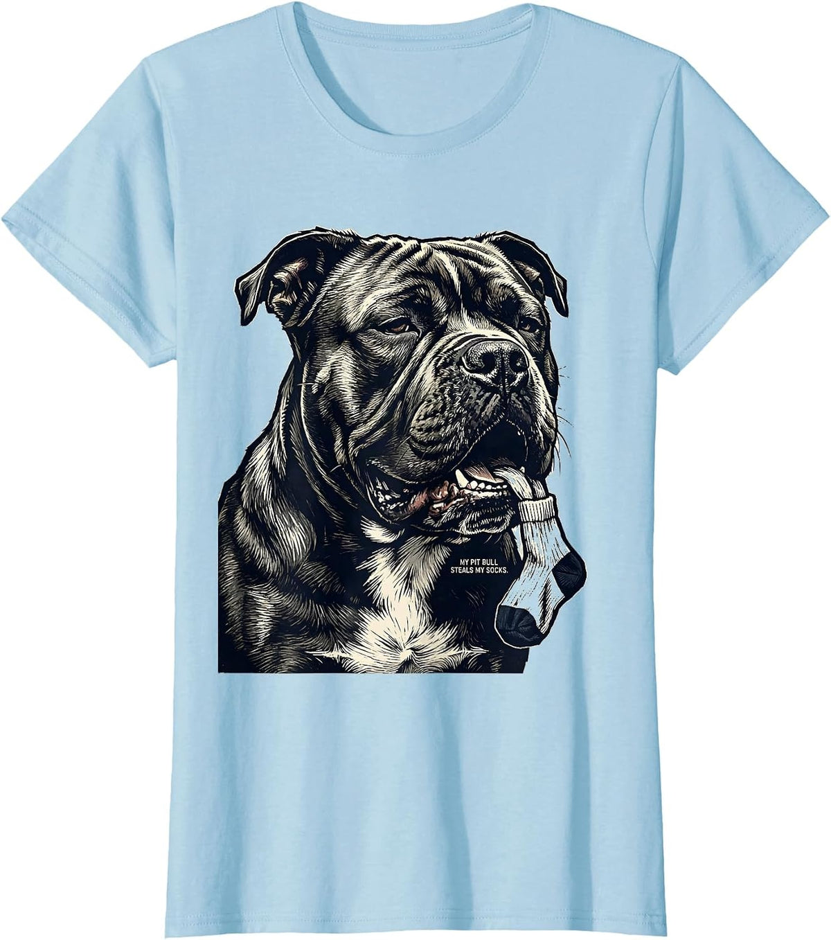 Women's My Pit Bull Steals My Socks Funny Pitbull Dog Mom Humor T-Shirt - Baby Blue