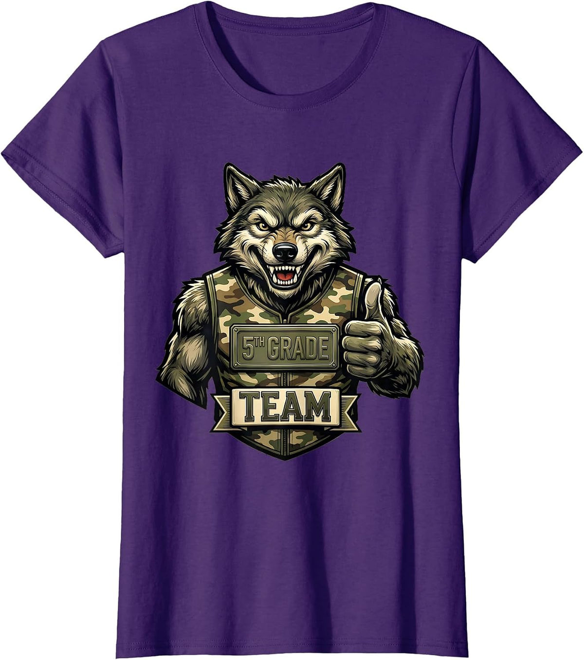 Women's 5TH GRADE TEAM Retro Camo Wolf Back To School Boy T-Shirt - Purple
