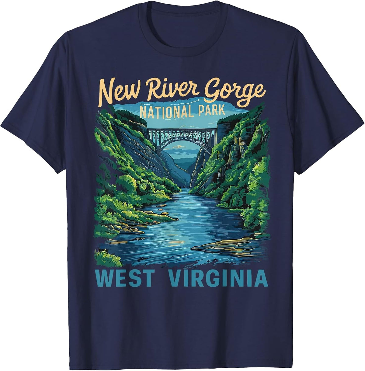 New River Gorge National Park Bridge Rafting Hiking Vintage T-Shirt - Navy Blue