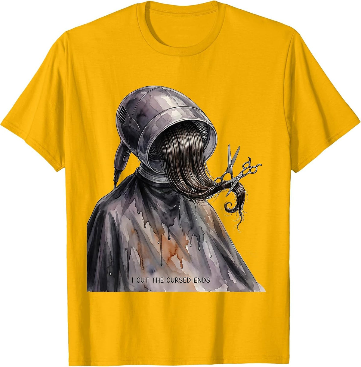 I Cut the Cursed Ends Watercolor Halloween Hairstylist T-Shirt - Golden Yellow