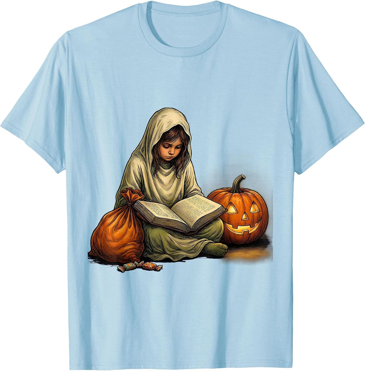 Bookworm Ghost Reading Halloween Teacher Librarian T-Shirt - Baby Blue