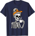 Skeleton Messy Bun Drinking Coffee Halloween Costume Womens T-Shirt - Navy Blue