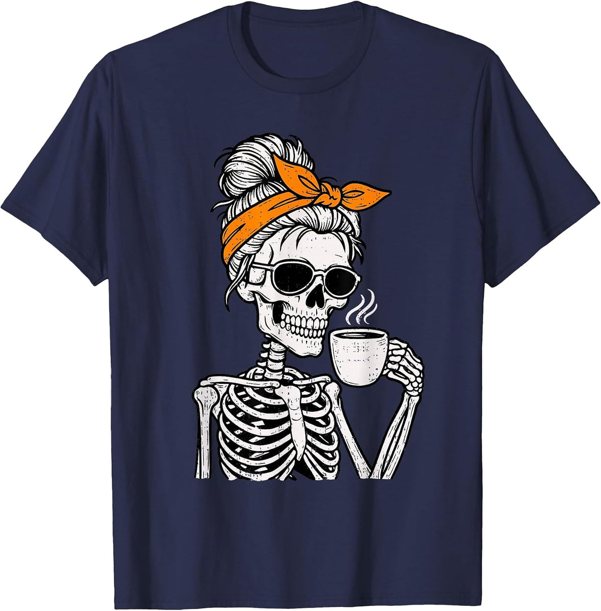 Skeleton Messy Bun Drinking Coffee Halloween Costume Womens T-Shirt - Navy Blue