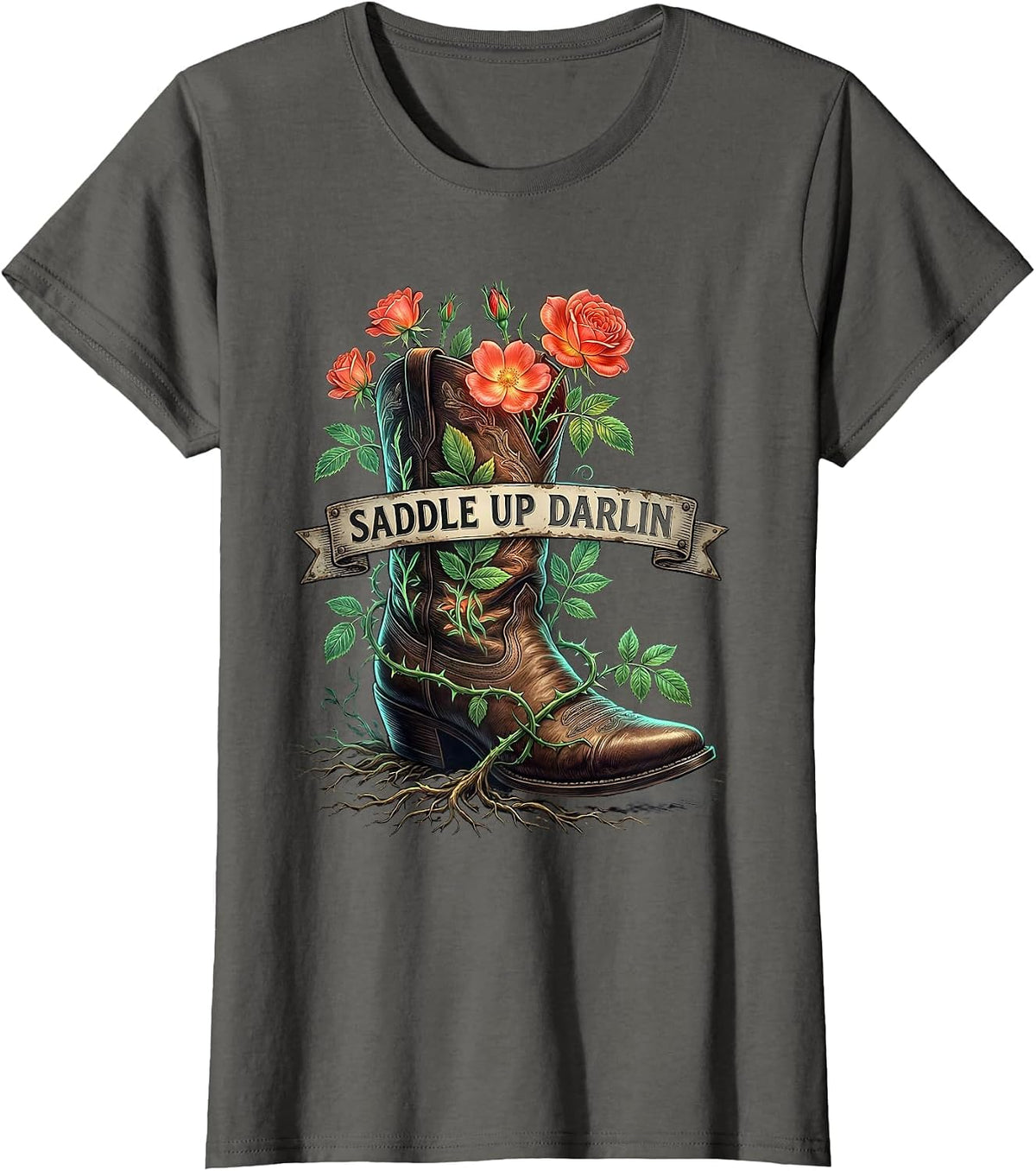Women's Saddle Up Darlin Cowboy Western Graphic Design T-Shirt - Asphalt Grey
