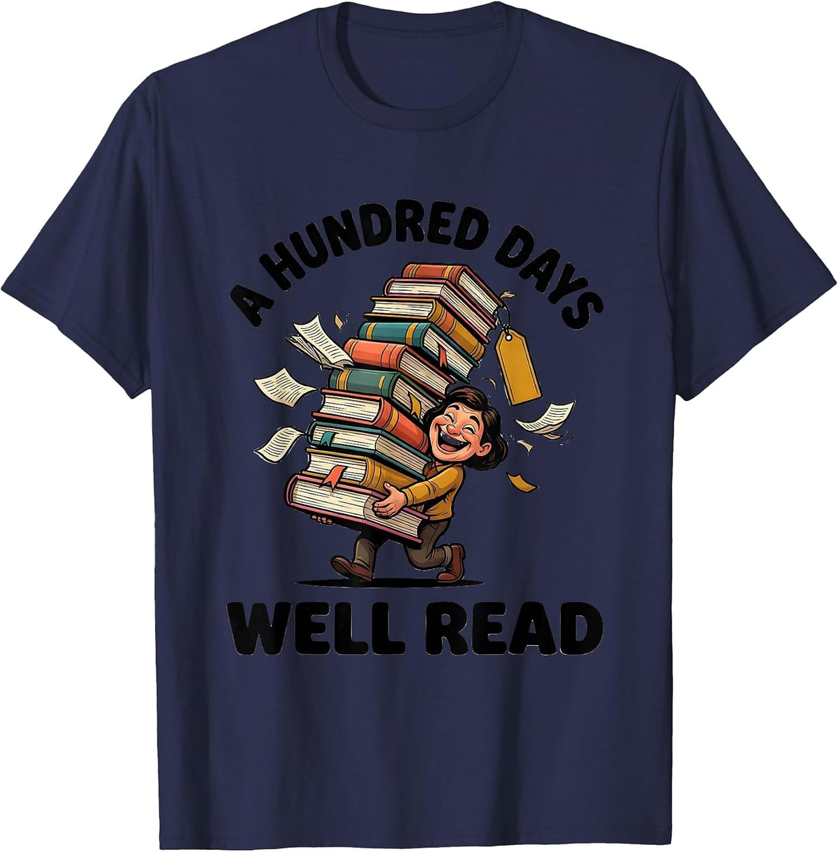 Men's A Hundred Days Well Read Cartoon Reading Teacher Librarian T-Shirt - Navy Blue