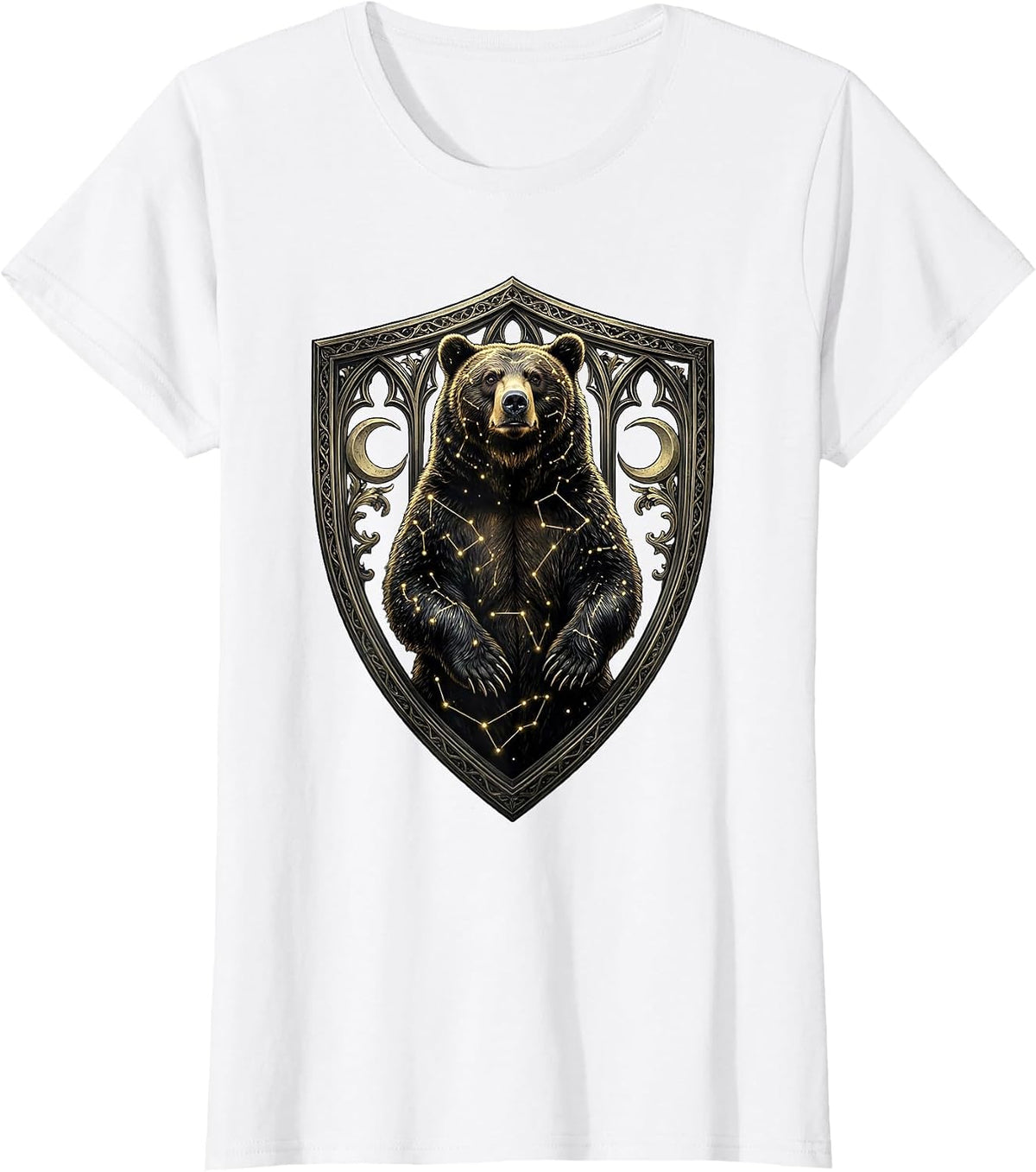 Black Bear Gold Constellation Celestial Art Design T-Shirt - White