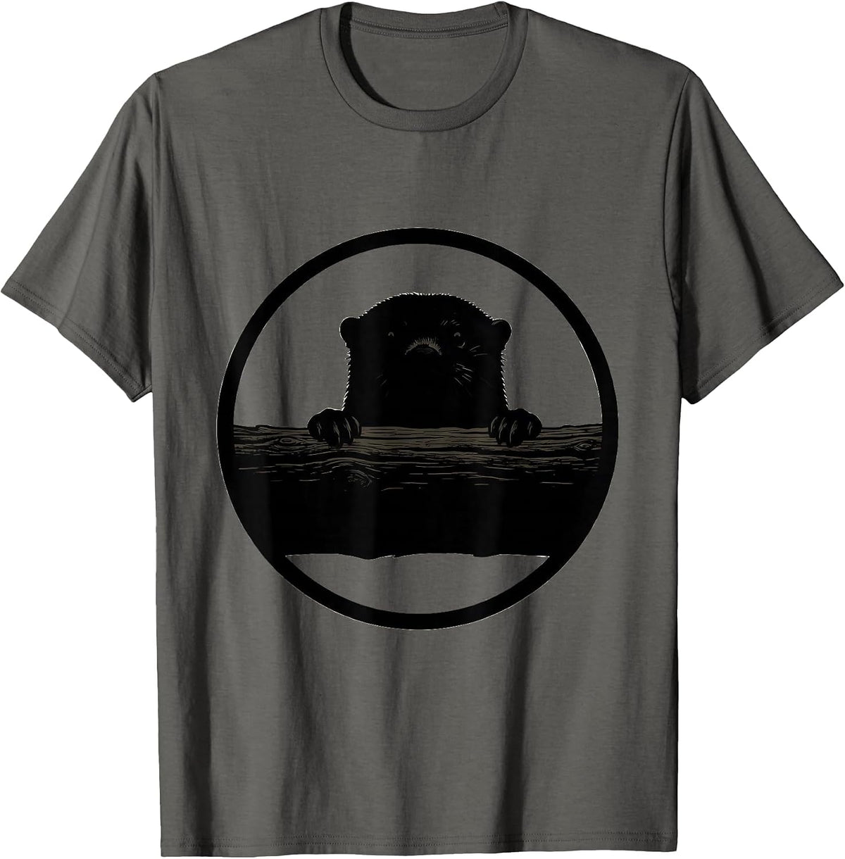 Men's Otter Peeking Over Mossy Riverbank Log T-Shirt - Asphalt Grey