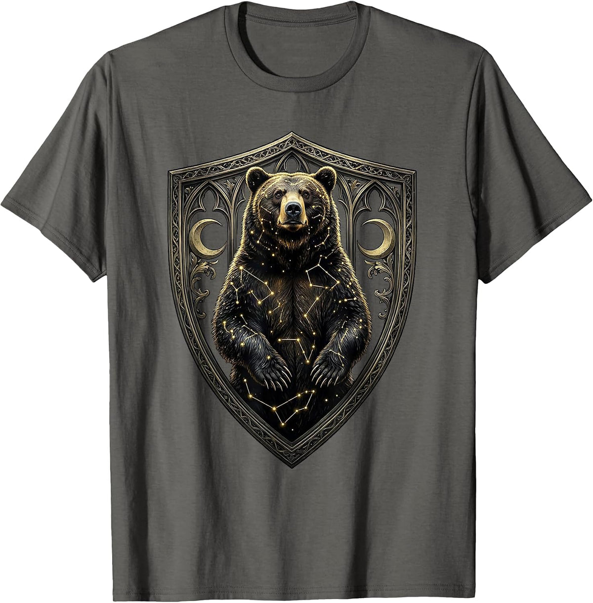 Black Bear Gold Constellation Celestial Art Design T-Shirt - Asphalt Grey