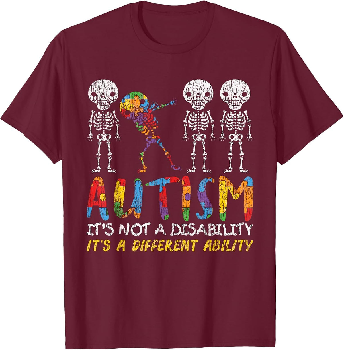 Autism Awerness - Skeleton Dabbing Autistic Kids Awareness T-Shirt - Burgundy