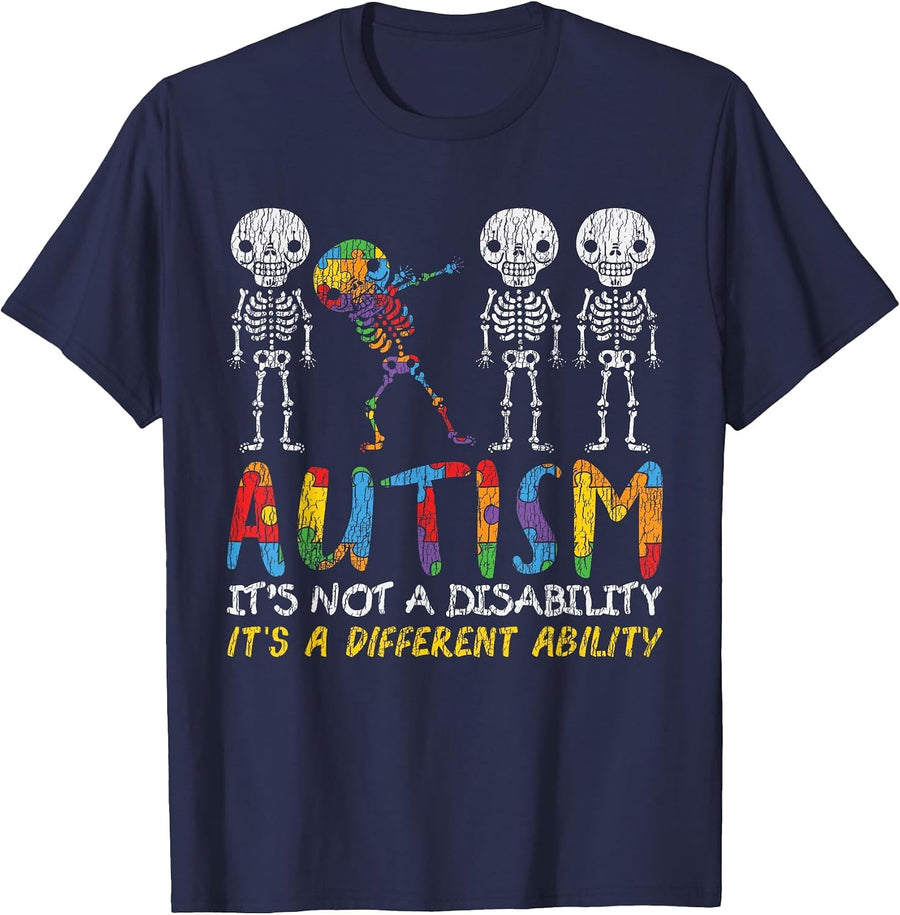 Autism Awerness - Skeleton Dabbing Autistic Kids Awareness T-Shirt - Navy Blue