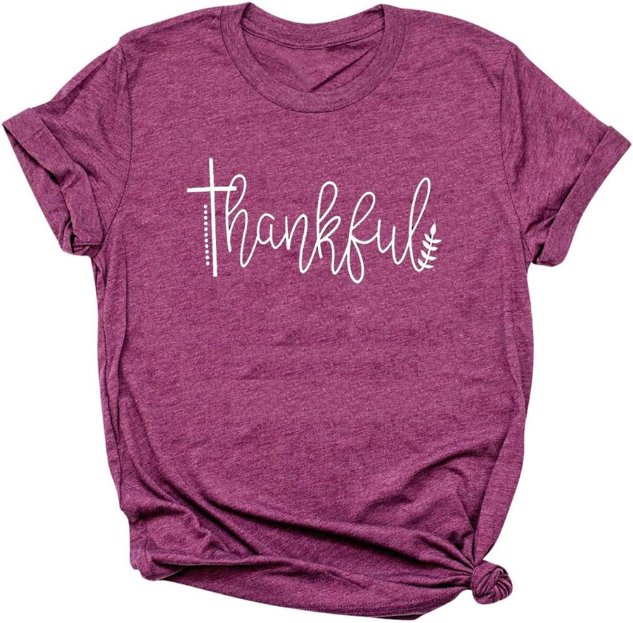 Thanksgiving Tshirts Women Thankful Thankful Graphic Letter Print T-Shirt - Plum